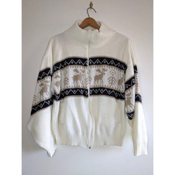 Vintage Scandia Woods 100% Wool Sweater Large Zip Faire Isle Nordic Cowichan Dad - Picture 1 of 4